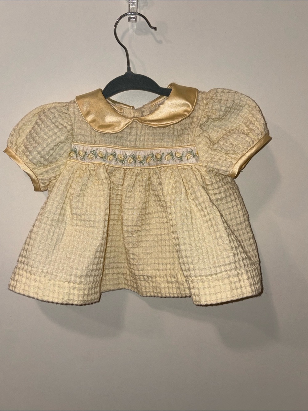 Vintage Yellow Smocked Waffle-Knit Baby Dress with Satin Collar
